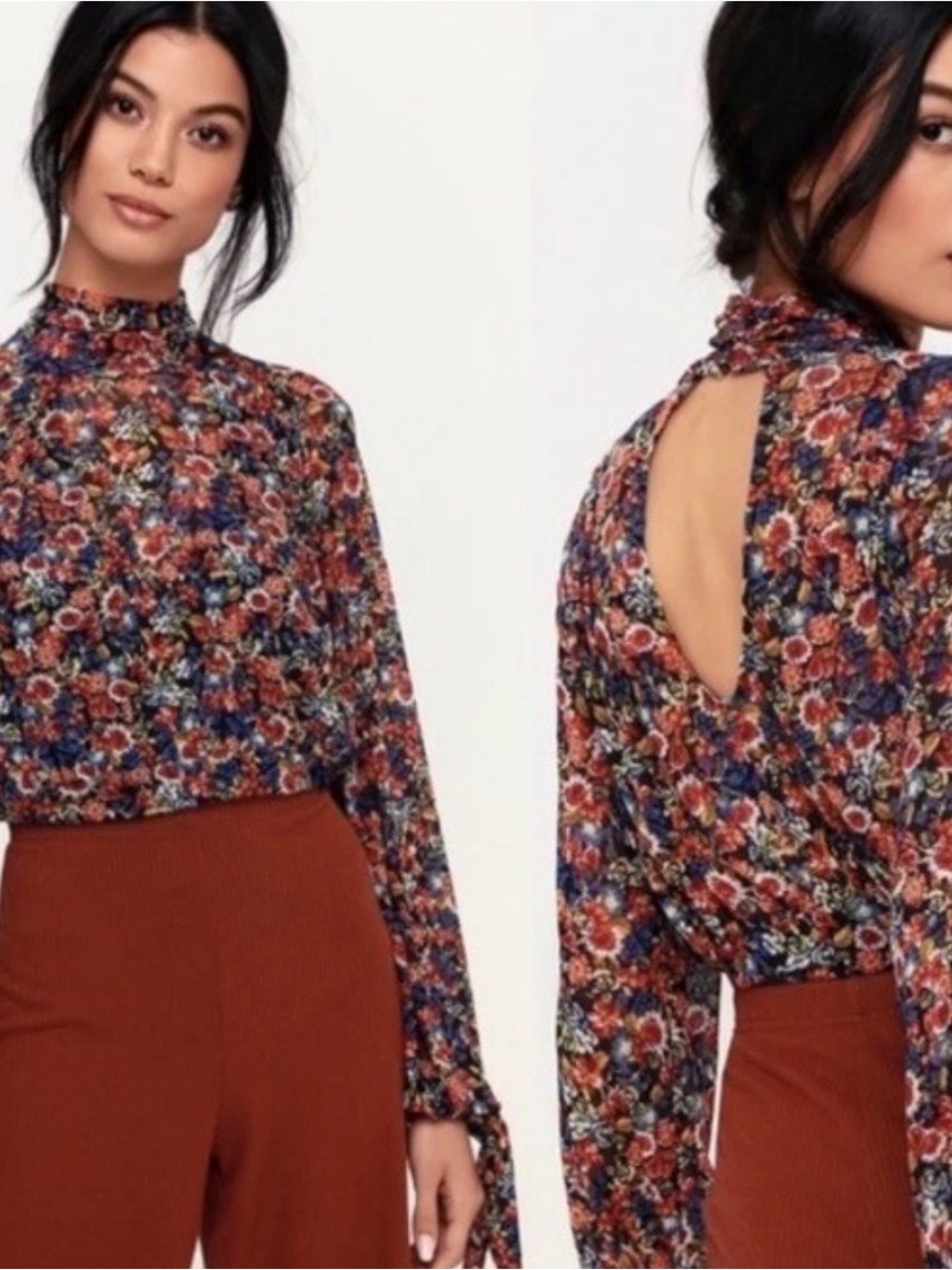 Free People All Dolled Up Floral Mesh Turtleneck Crop Top Size Large